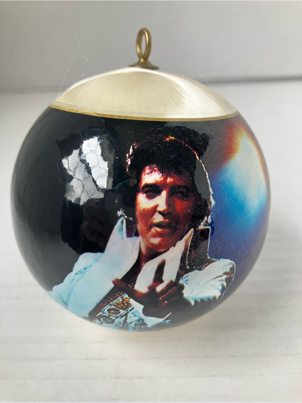 Vintage Elvis Presley Memorial Christmas Ornament Satin Thread with Photo Ball